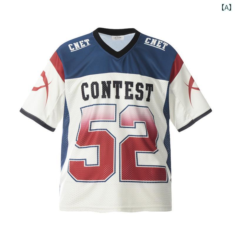 Tシャツ メンズ スポーツ トレーニング 半袖 Vネック 切り替え ナンバープリント 数字デザイン ゆったり ルーズフィット メッシュ 通気性 コットンブレンド 春夏 ストリート カジュアル アプリコット