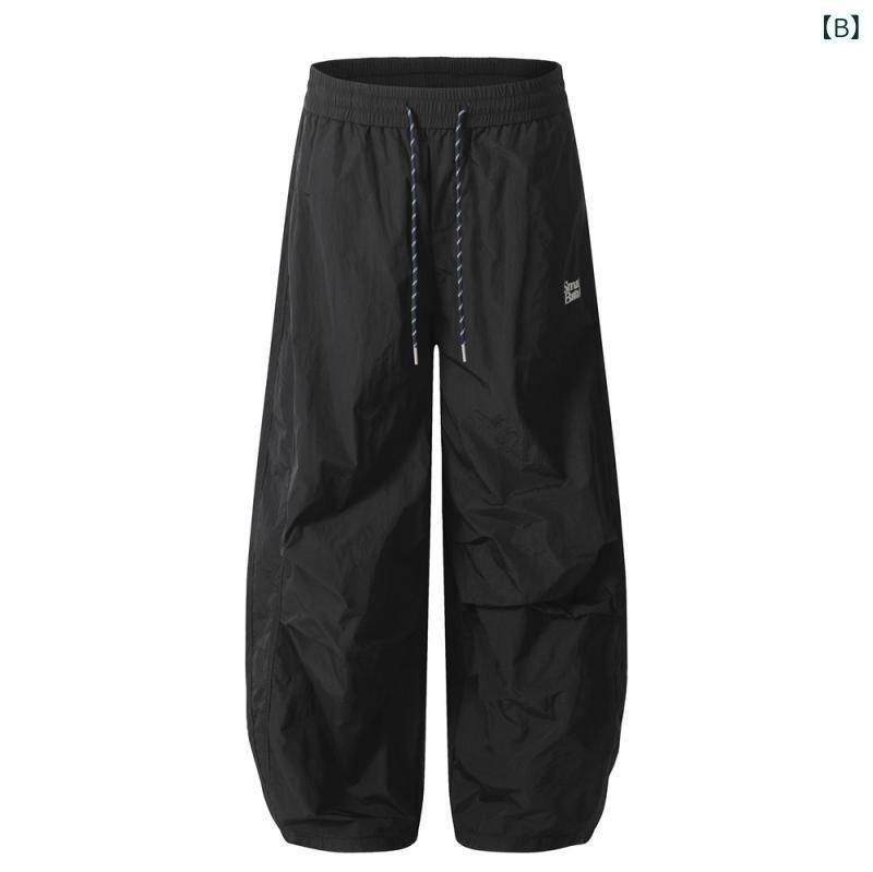 パンツ メンズ ルーズワイド プリーツ パラシュートパンツ スポーツカジュアル カーブパンツ ストリート メッシュ ダブルレイヤー フロアレングス 綿混 マルチポケット