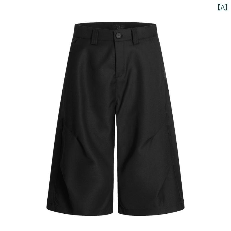ハーフパンツ メンズ ゆったり ワイド 無地 プリーツデザイン カジュアル ストリート アメカジ テーラード ポリエステル ノンアイロン 春夏 ブラック グレー