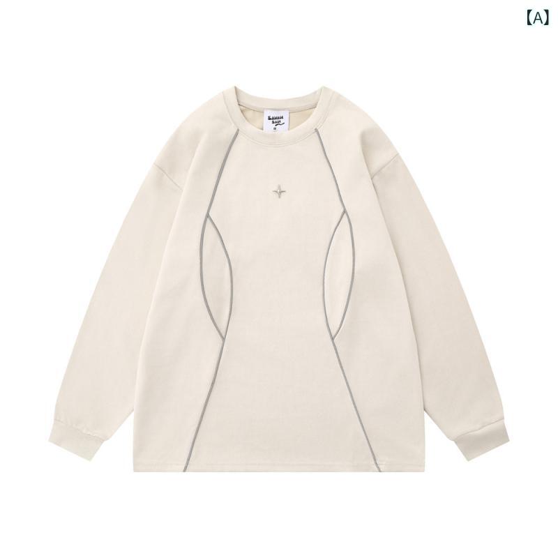 スウェット メンズ ルーズフィット クルーネック ストリート ファッション 個性的 ライン切り替え デザイン 長袖 プルオーバー 春秋 ポリエステル カジュアルトップス