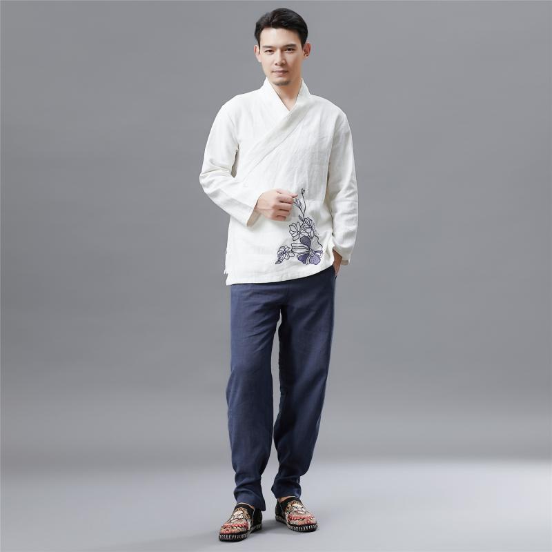 漢服 メンズ 中国風 民族衣装 刺繍デザイン 苧麻 綿素材 スタンドカラー 立ち襟 長袖トップス カジュアル 普段使い リラックス 通気性 快適 ホワイト ブラック ネイビー