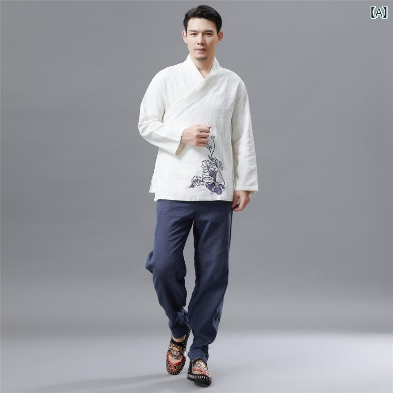 漢服 メンズ 中国風 民族衣装 刺繍デザイン 苧麻 綿素材 スタンドカラー 立ち襟 長袖トップス カジュアル 普段使い リラックス 通気性 快適 ホワイト ブラック ネイビー