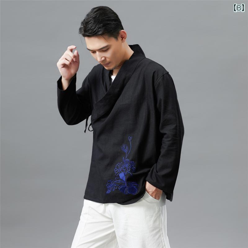 漢服 メンズ 中国風 民族衣装 刺繍デザイン 苧麻 綿素材 スタンドカラー 立ち襟 長袖トップス カジュアル 普段使い リラックス 通気性 快適 ホワイト ブラック ネイビー