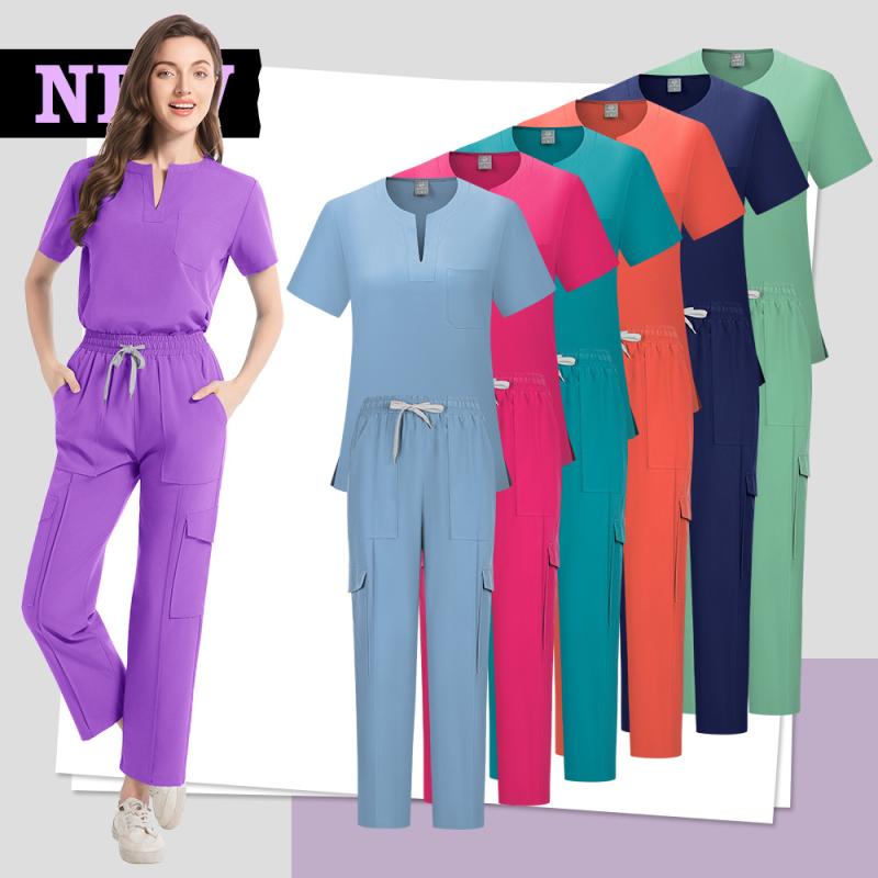 医療用 スクラブ 男女兼用 上下セット ツーピース 軽量 薄手 快適 吸湿速乾 Vネック 半袖 ポリエステル..