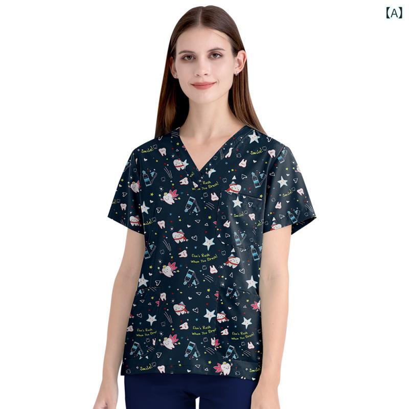 スクラブ 男女兼用 半袖 Vネック スクラブトップス 医療用ユニフォーム 手術着 医療従事者 獣医 歯科医 看護師 病院 クリニック 吸湿速乾 ポリエステル 総柄 快適