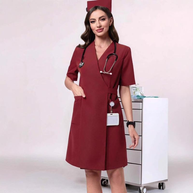 ワンピース レディース 医療用 ナース服 制服 介護士 獣医 歯科医向け エレガント 半袖 Vネック 吸湿速..