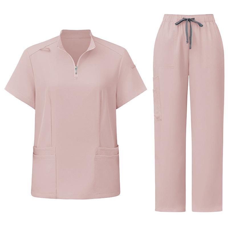 スクラブ 男女兼用 スタンドカラー 半袖 ジップアップ ポリエステル 帯電防止 白衣 上下セット 医師 看護師 医療用 病院 クリニック 介護 ワークユニフォーム