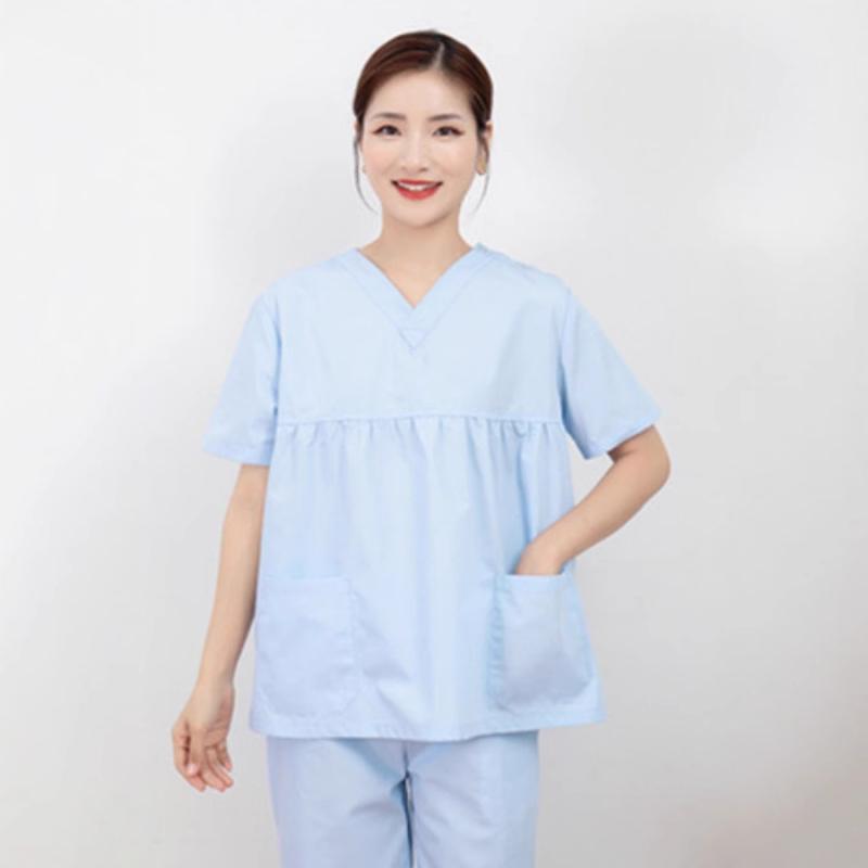 医療用 マタニティ レディース スクラブ 上下セット 長袖 半袖 薄手 吸湿速乾 ポリウレタン配合 ラウンドネック 九分丈パンツ 夏用 ライトブルー