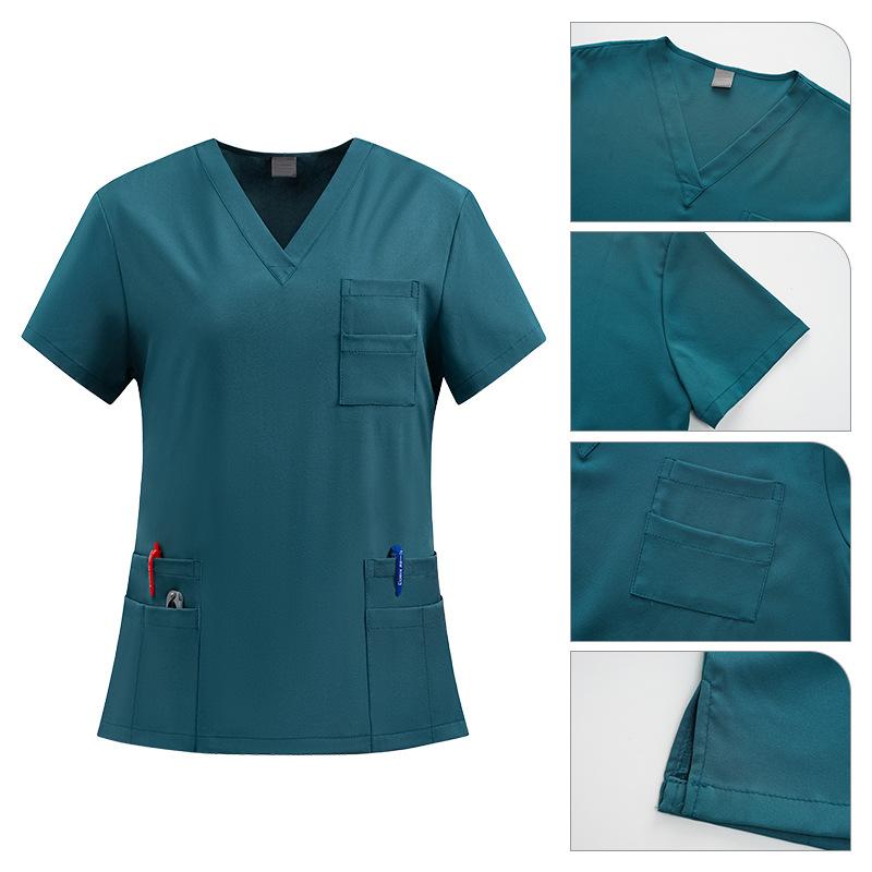 スクラブ ユニセックス 男女兼用 半袖 Vネック 上下セット 吸汗速乾 伸縮性 ポリエステル スパンデックス 医療用 病院 クリニック 歯科医 看護師 介護士 長ズボン 夏用