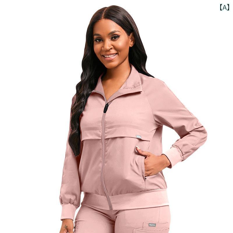 スクラブ レディース ドクタージャケット 長袖 看護師 歯科医 薬剤師 医療用白衣 病院 制服 厚手 ポリエステル 吸湿速乾 ストレッチ素材 スタンドカラー