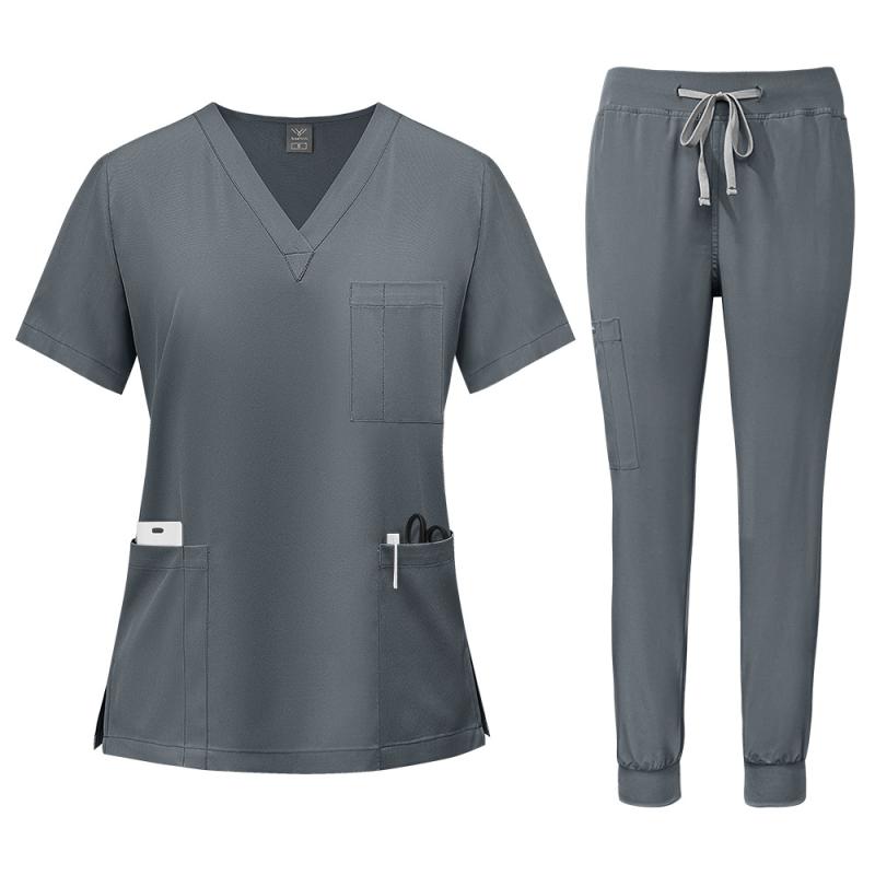スクラブ 男女兼用 速乾 吸湿速乾 Vネック 半袖 長ズボン 上下セット 美容院 SPA エステ 医師 看護師 医療用 介護 ユニフォーム ポリエステル 春夏秋