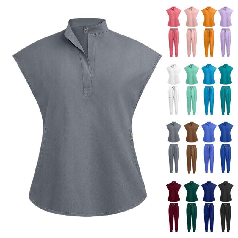 スクラブ 男女兼用 医療用ユニフォーム 病院 歯科医院 エステサロン 美容院 看護師 医師 介護士 スタンドカラー ドルマンスリーブ 半袖 長ズボン 上下セット 吸湿速乾 ポリエステル ストレッチ 16色展開