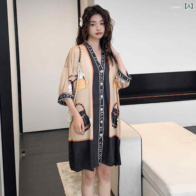 ネグリジェ ルームウェア パジャマ レディース 春夏 シフォン サテン調 Vネック 五分袖 ビッグリボン ゆったり 薄手 快適 部屋着 ミディ丈