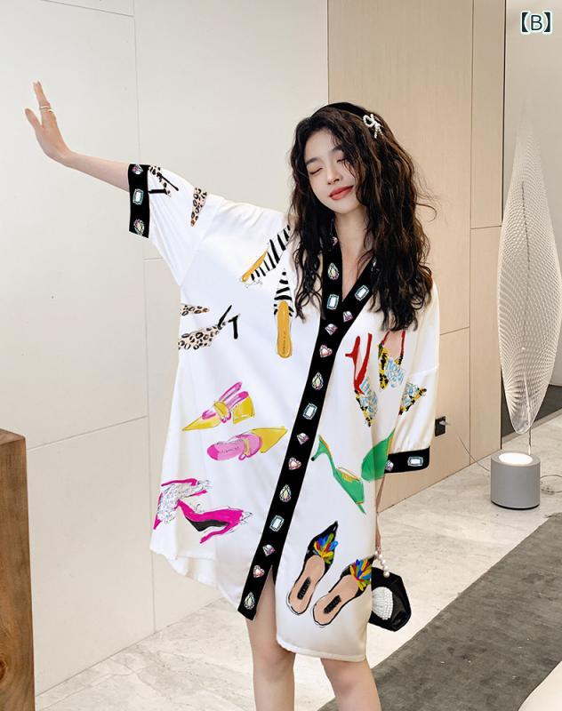 ネグリジェ ルームウェア パジャマ レディース 春夏 シフォン サテン調 Vネック 五分袖 ビッグリボン ゆったり 薄手 快適 部屋着 ミディ丈