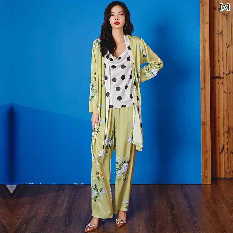 パジャマ レディース 春夏 キャミソール 長袖 3点セット 接触冷感 サテン ルームウェア 部屋着 薄手 軽量 ポリエステル 光沢感 快適 エレガント 高級感