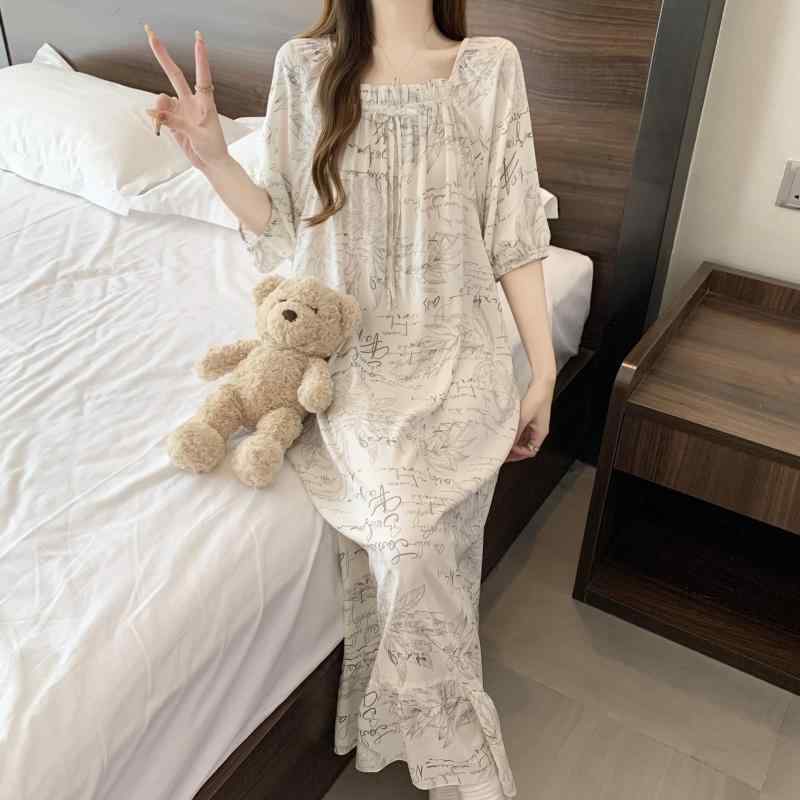 ネグリジェ ルームウェア レディース パジャマ ワンピース 春夏秋 半袖 かわいい 総柄 プリント ゆった..