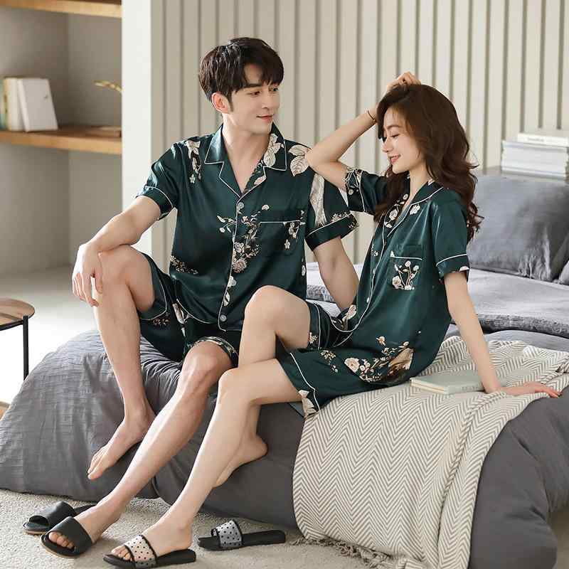 パジャマ カップル 男女兼用 夏 接触冷感 薄手 ポリエステル サテン調 開襟 半袖 ショートパンツ 上下..