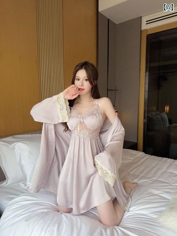 ルームウェア レディース セクシー キャミソール ワンピース ネグリジェ ローブ セット 春夏 接触冷感 薄手 通気性 伸縮性 おうち時間 ナイトウェア リラックス 部屋着