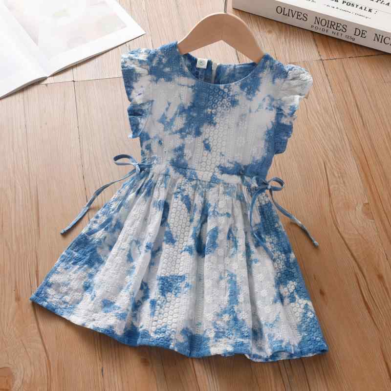 ワンピース 女の子 キッズ 夏物 絞り染め 刺繍 ノースリーブ Aライン ドローストリング 綿 コットン 柔..