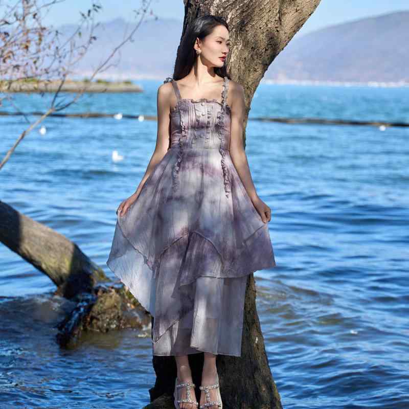 ワンピース レディース フレンチスタイル 手染め 植物染め タイダイ柄 アシンメトリー キャミソール ス..