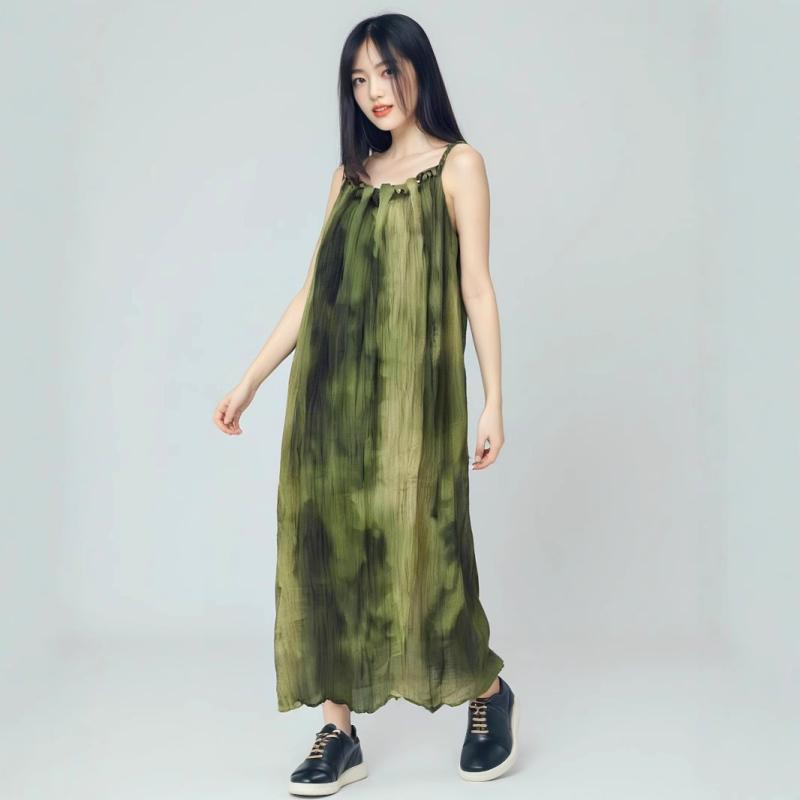 ワンピース レディース ホルターネック 絞り染め 雲南 新中華風 ケーブル編み 水墨画風 竹柄 グリーン ロング丈 Aライン 春夏 リゾート レトロ エスニック ゆったり テンセル ポリエステル