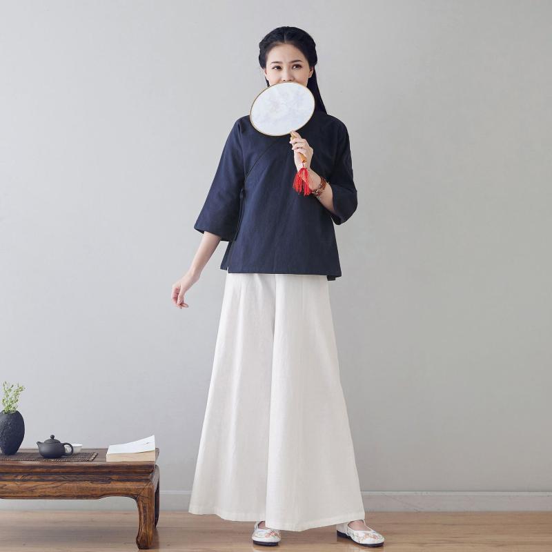 漢服 レディース 女性用 大人 刺繡デザイン 麻綿 トップス ブラウス レトロ 和風 芸術的 アンティーク風 ウエスト丈 エレガント