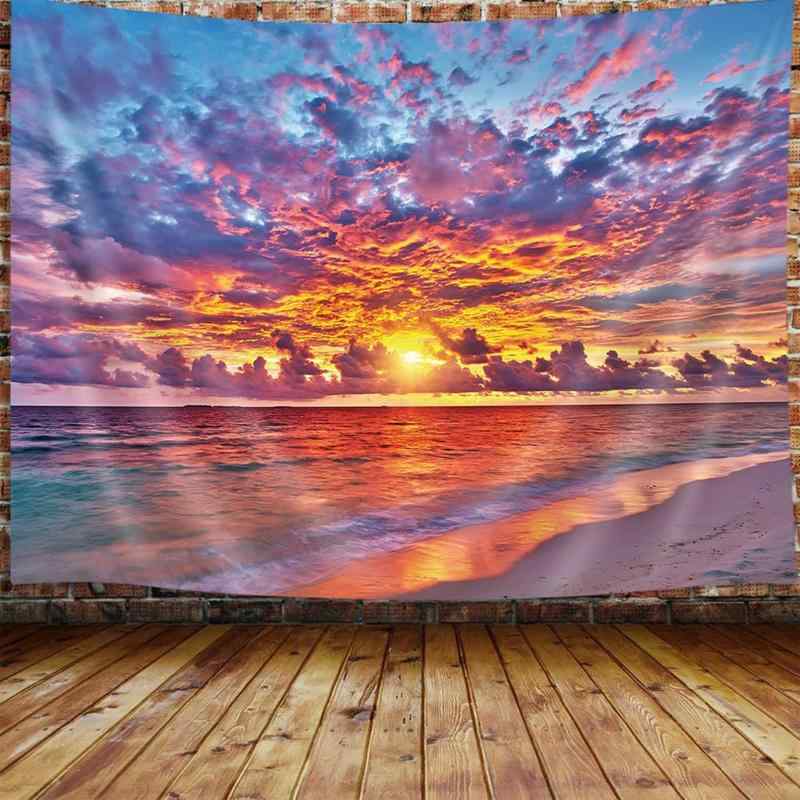 タペストリー トロピカルオーシャン サンセットビーチ風景 壁掛け ウォールアート パープル ゴールド 雲空 リビングルーム 寝室 部屋 模様替え インテリア ポリエステル 北欧 長方形