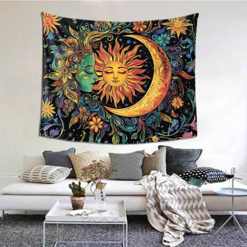タペストリー 太陽と月 花 植物 壁掛け サイケデリック ボヘミアン リビング 寝室 ポリエステル 長方形..