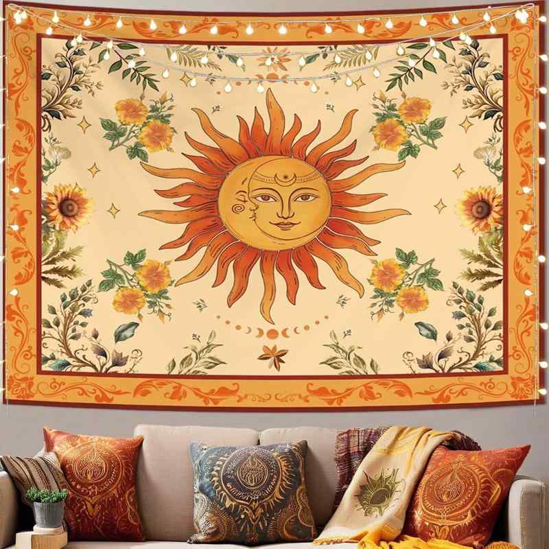 タペストリー 太陽と月 マンダラ ひまわり 花柄 レトロ ボヘミアンスタイル 壁掛け 壁飾り ウォールデコレーション 寝室 リビング インテリア ポリエステル 長方形
