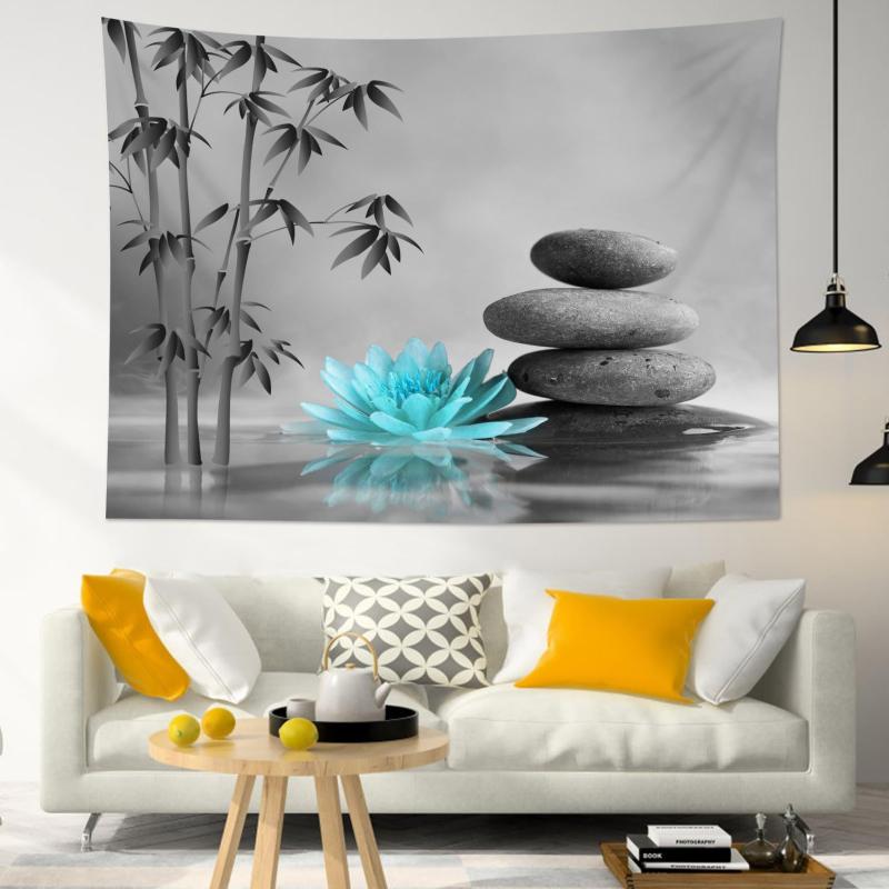 タペストリー 禅 ストーン 青い花 グレー竹 ヨガ 瞑想 スピリチュアル アート 壁掛け リビング 寝室 書..