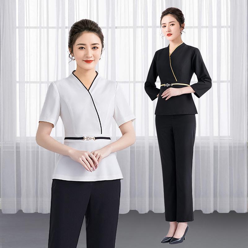 ユニフォーム レディース 女性用 美容院 エステサロン SPA マッサージ 足湯 耳かき専門店 スタッフ 業務用 制服 上下セット 吸湿速乾 ポリエステル オールシーズン Vネック 半袖 七分袖 ストレートパンツ