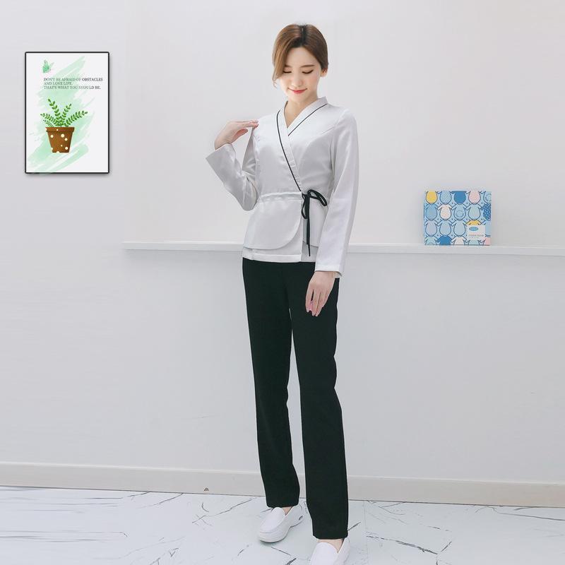 セットアップ レディース チャイナ風 制服 ユニフォーム 茶芸師 施術着 レストラン 茶館 美容院 エステサロン フットケアサロン 七分袖 綿麻(x2)