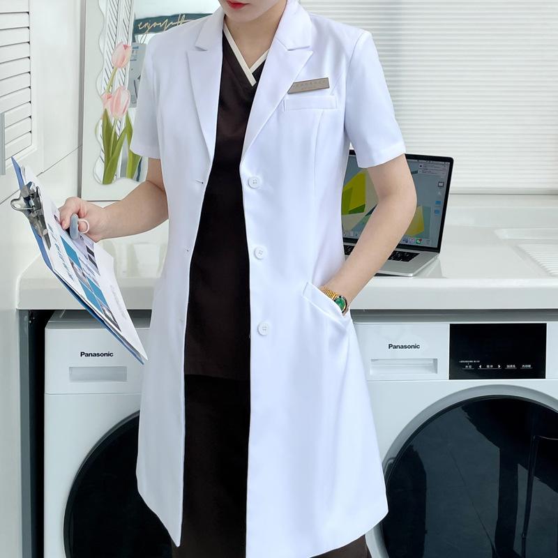 白衣 レディース 韓国風 高級感 半袖 歯科 美容クリニック 医師用白衣 ドクターウェア サロン制服 ローマ綿 ホワイト 春夏(x2)