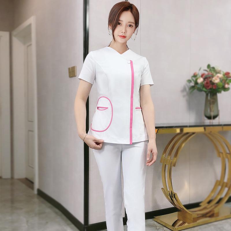 医療用ユニフォーム レディース 半袖 上下セット 吸汗速乾 ポリエステル 韓国風 スクラブ 医師 看護師 歯科医 美容師 介護士 施術着 春夏 ストライプ柄 配色(x2)