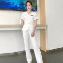 制服 レディース 美容師 ネイリスト エステティシャン アートメイク師 サロン ワークウェア 半袖 吸湿速乾 ポリエステル パンツ セットアップ 白 春夏(x2)