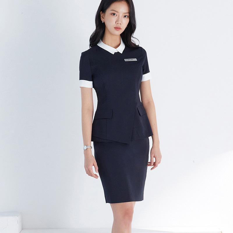 セットアップ レディース 韓国風 スリムフィット 細身 半袖 スカート 濃紺 ネイビー ポリエステル 吸湿速乾 美容院 オフィス 事務服 受付 病院 クリニック 制服 ユニフォーム ショップ店員(x2)