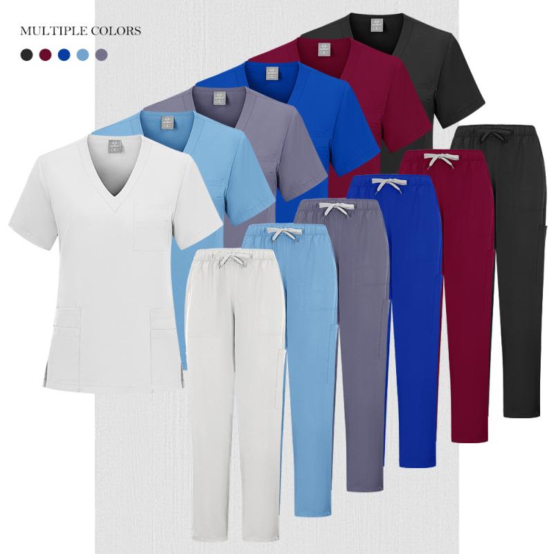 スクラブ 男女兼用 医師 看護師 医療用ユニフォーム 手術着 上下セット 吸湿速乾 ポリエステル スパンデックス ストレッチ Vネック 半袖 ストレートパンツ 長ズボン 無地 春夏秋