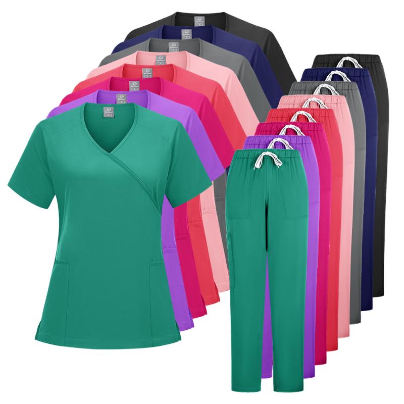 スクラブ ユニセックス 軽量 美容院 歯科医院 手術室 作業着 制服 吸湿速乾 ポリエステル スパンデックス Vネック 半袖 長ズボン 上下セット 春夏秋