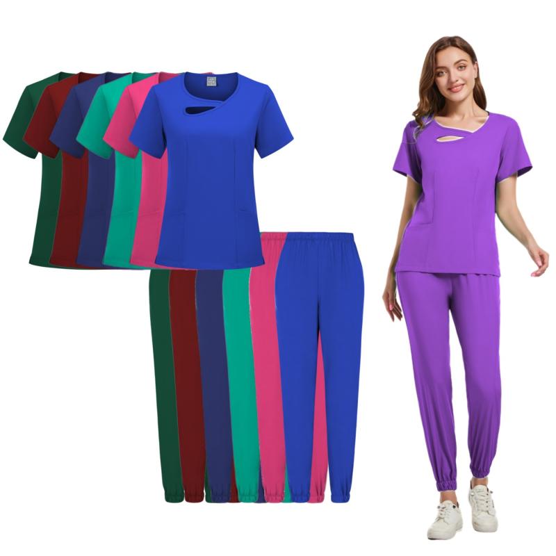 スクラブ 男女兼用 医療 病院 美容クリニック 看護師 医師 制服 上下セット Vネック 半袖 長ズボン ポリエステル スパンデックス 吸湿速乾 快適 軽量 春夏秋