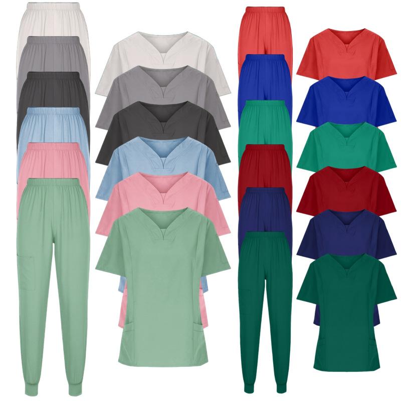 スクラブ 男女兼用 医療用ユニフォーム 軽量 薄手 吸湿速乾 病院 医師 看護師 介護士 Vネック 半袖 上下セット ジョガーパンツ オールシーズン