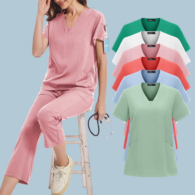 スクラブ 男女兼用 半袖 Vネック 上下セット 吸湿速乾 伸縮性 ポリエステル スパンデックス 医療用 病院 歯科 美容 エステ ペットサロン 動物病院 ワークウェア 制服 春夏秋