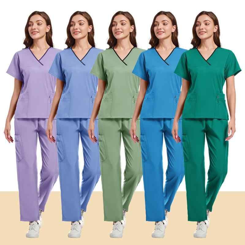 スクラブ 男女兼用 上下セット 吸湿速乾 通気性 Vネック 半袖 長ズボン 医療 介護 医療従事者 ユニフォーム 作業着 ポリエステル スパンデックス 春夏秋