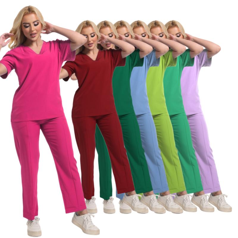 スクラブ レディース 上下セット 半袖 Vネック 手術着 作業着 ユニフォーム 医療用 看護師 病院 吸汗速乾 ポリエステル スパンデックス 軽量 長ズボン