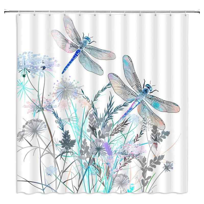 シャワーカーテン トンボ 花柄 野花 セージ ボタニカル柄 アブストラクト レトロ ヴィンテージ ポリエステル 撥水 防カビ 浴室 バスルーム 春夏