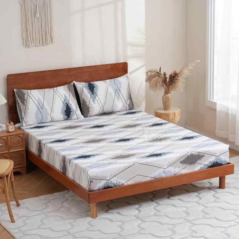 ボックスシーツ グレー ホワイト ブルー 幾何学模様 ジルコニア柄 抽象的 ポリエステル 3Dプリント ベ..