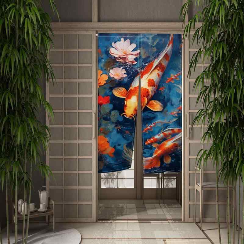 のれん 錦鯉 金魚 油絵風 アート 間仕切りカーテン 和風 玄関 寝室 目隠し 風水 タペストリー 冷暖房対策 ロング丈 ポリエステル製