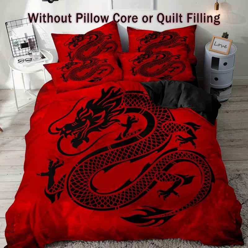 布団カバーセット 中国龍 ドラゴン プリント ブラック ポリエステル素材 快適な寝心地 肌触りなめらか ..