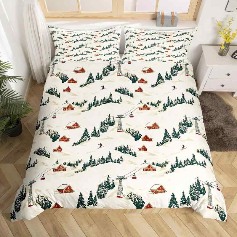 掛け布団カバー スキー柄 松 ゴンドラ カートゥーン風 アニメ柄 デジタルプリント グリーン 寝具 ベッ..