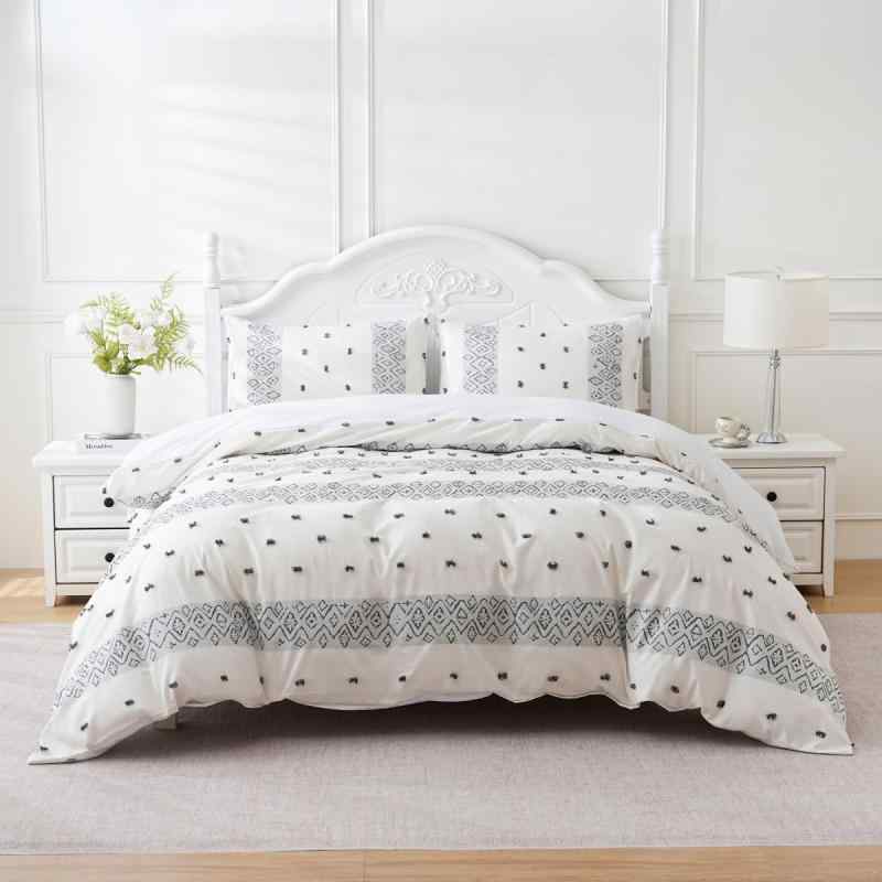 寝具 北欧 トライバル柄 掛け布団カバー ボックスシーツ 枕カバー 3点セット 綿100% ドット 幾何学模様 先染め カットジャカード ピーチスキン加工 高品...