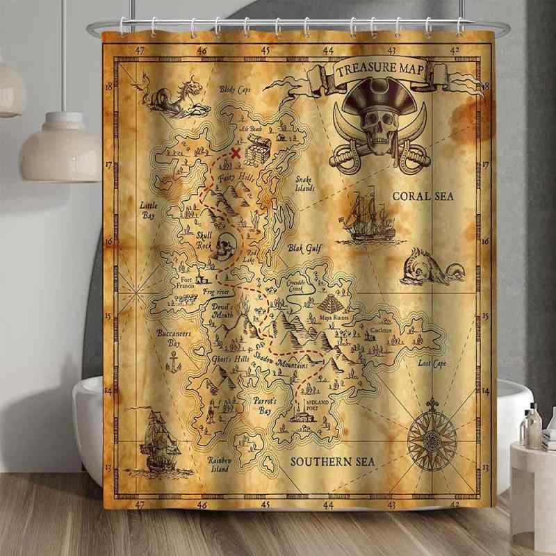 シャワーカーテン 航海アイランド 冒険 海賊 宝の地図 デザイン ポリエステル生地 防水 撥水加工 バス..